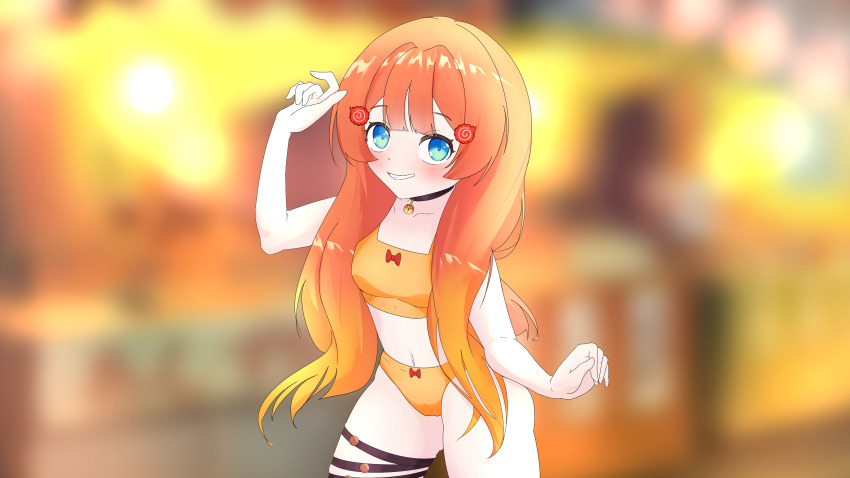 1girl absurdres belly blonde_hair blue_eyes blurry blurry_background blush bow bra breasts commission fingerless_gloves flat_chest gloves hair_ornament highres jewelry knee_up knees_up miki_hitsugi multicolored_hair navel orange_bra orange_hair orange_panties panties pendant ribbon small_breasts smile smirk solo specialite_(company) specialite_en teeth thighs underwear underwear_only virtual_youtuber yellow_panties