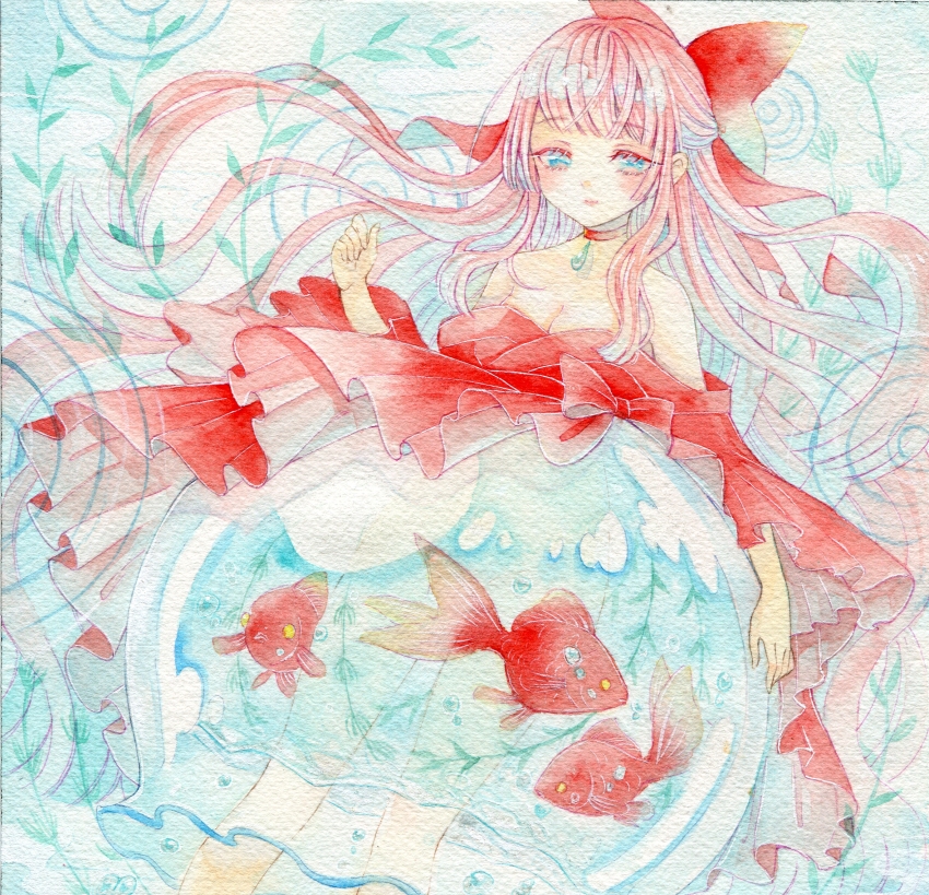1girl amu_(m_aa) bare_shoulders blush bow breasts choker cleavage closed_mouth commentary_request dress dutch_angle feet_out_of_frame fish fishbowl goldfish hair_bow hand_up highres long_hair long_sleeves medium_breasts original painting_(medium) red_bow red_choker red_dress solo traditional_media very_long_hair watercolor_(medium) wavy_hair