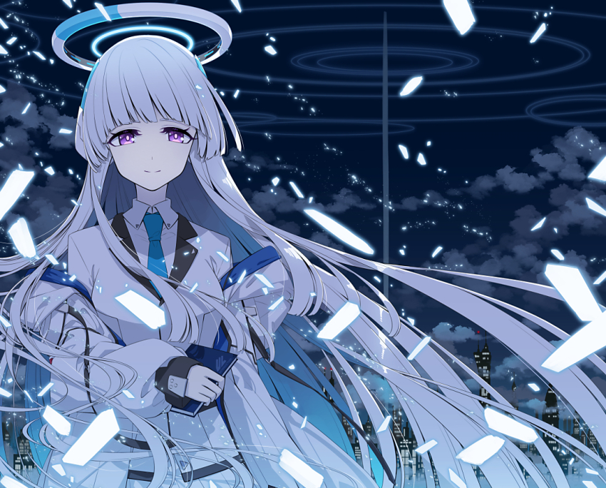 1girl blue_archive book grey_hair long_hair long_sleeves looking_at_viewer noa_(blue_archive) purple_eyes sakuraba_yuuki smile solo