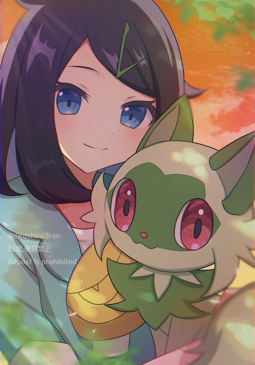 0roshioji3ran 1girl black_hair blue_eyes blurry closed_mouth commentary day game_freak green_jacket hair_ornament hairclip highres jacket liko_(pokemon) long_hair looking_at_viewer nintendo outdoors pokemon pokemon_(anime) pokemon_(creature) pokemon_horizons shirt smile sprigatito symbol-only_commentary twitter_username watermark white_shirt yellow_bag