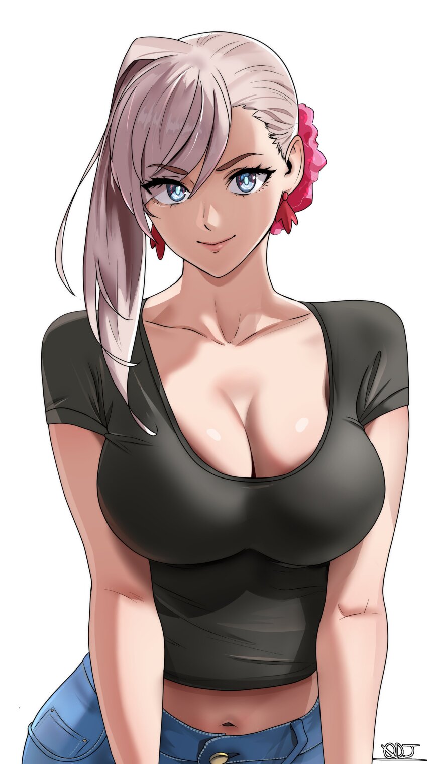 1girl absurdres black_shirt blue_eyes blue_pants breasts cleavage collarbone denim earrings fate/grand_order fate_(series) hair_ornament hair_scrunchie highres jeans jewelry large_breasts leaf_earrings looking_at_viewer medium_hair midriff miyamoto_musashi_(fate) navel oldmanjenkins84 pants pink_hair ponytail scrunchie shirt short_sleeves smile solo swept_bangs