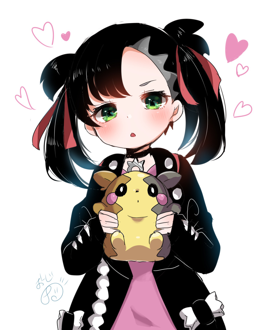 1girl asymmetrical_bangs black_choker black_hair black_jacket blush choker commentary_request dress gen_8_pokemon green_eyes hair_ribbon heart highres holding holding_pokemon jacket long_sleeves looking_at_viewer marnie_(pokemon) meiwari morpeko morpeko_(full) nintendo open_clothes parted_lips pink_dress pokemon pokemon_(creature) pokemon_swsh red_ribbon ribbon twintails white_background
