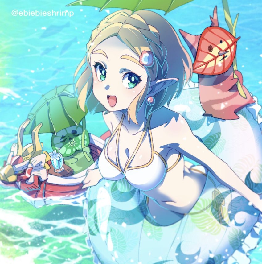 1girl alternate_costume bikini blonde_hair boat braid breasts cleavage cowboy_shot crown_braid drink drinking_straw earrings fish flower flower_in_drink green_eyes hair_flower hair_ornament innertube jewelry korok leaf_print leaf_umbrella looking_at_viewer mask medium_breasts navel nintendo ocean on_boat open_mouth parted_bangs partially_submerged pointy_ears princess_zelda short_hair shuri_(84k) silent_princess silhouette smile swim_ring swimsuit the_king_of_red_lions the_legend_of_zelda the_legend_of_zelda:_breath_of_the_wild the_legend_of_zelda:_tears_of_the_kingdom the_legend_of_zelda:_the_wind_waker thick_eyebrows twitter_username wading water watercraft white_bikini
