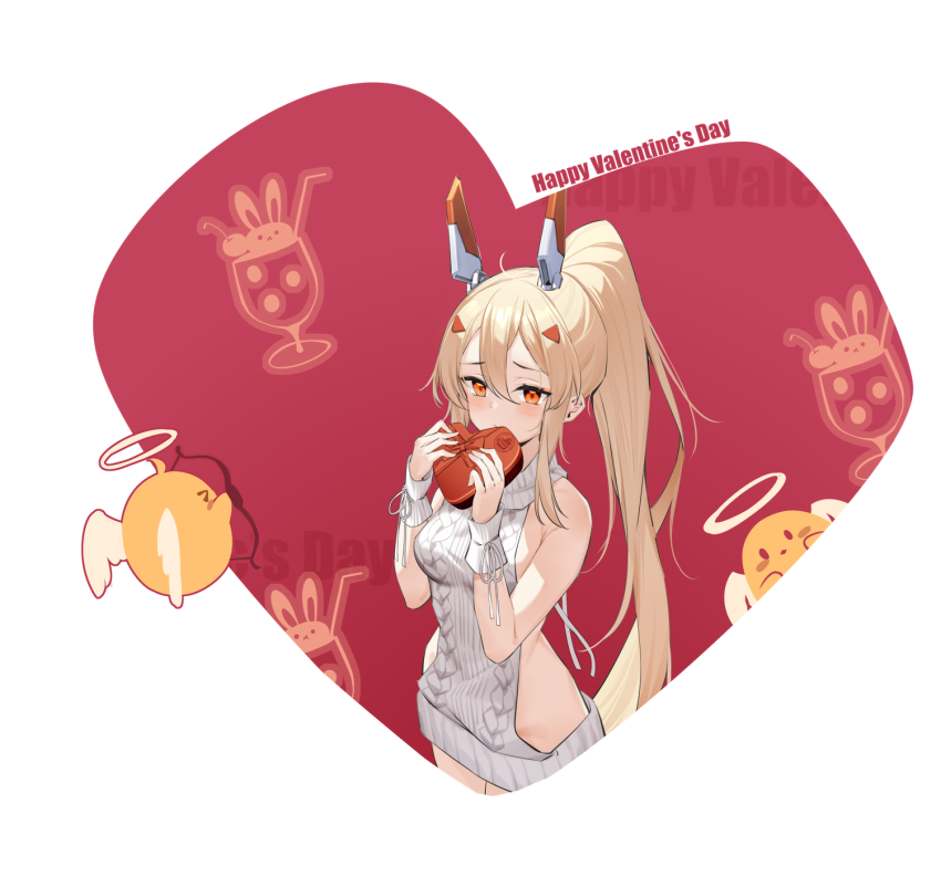 &gt;_&lt; aiming alternate_costume ayanami_(azur_lane) azur_lane backless_dress backless_outfit bare_shoulders blonde_hair blush bow_(weapon) box breasts cherry creature cup dress drinking_glass flying food fruit gift grey_dress grey_sweater hair_between_eyes halo happy_valentine headgear heart heart-shaped_box highres holding holding_gift long_hair looking_at_viewer manjuu_(azur_lane) medium_breasts meme_attire ootsuki_momiji orange_eyes ponytail sideboob sidelocks sleeveless sleeveless_dress sweater sweater_dress very_long_hair virgin_killer_sweater weapon wings wristband