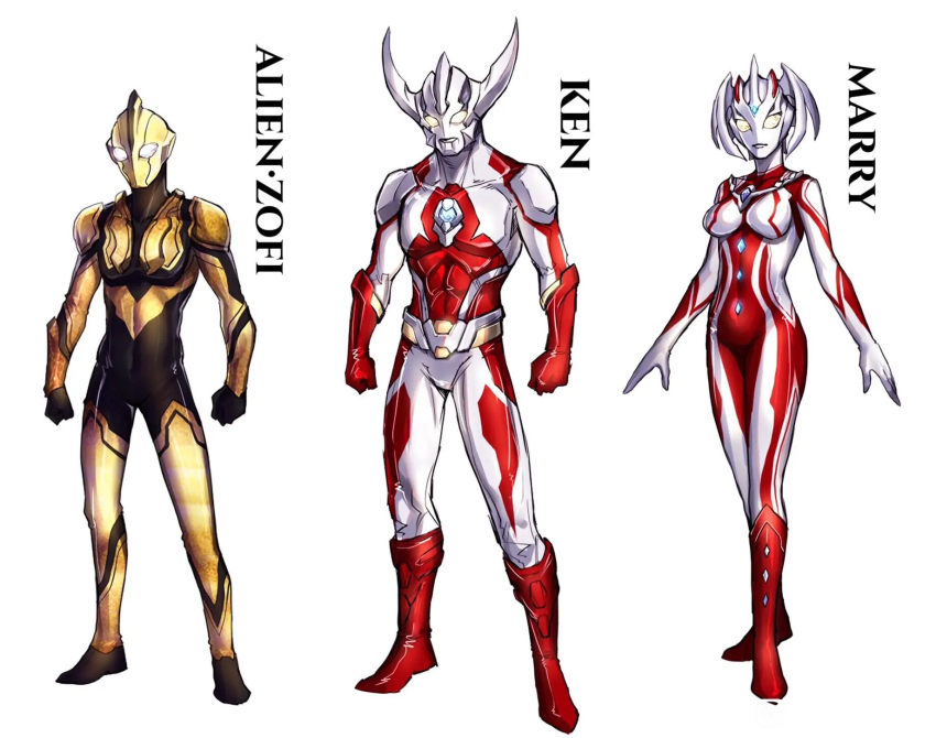 1girl 2boys alien black_bodysuit bodysuit breasts clenched_hands color_timer colored_skin full_body garoshirou giant glowing glowing_eyes highres horns kaette_kita_ultraman long_horns looking_at_viewer manly mature_male medium_breasts multiple_boys muscular open_hands red_bodysuit shin_ultraman silver_bodysuit standing tokusatsu twintails father_of_ultra mother_of_ultra ultra_series ultraman_ace_(series) ultraman_mebius_(series) ultraman_tarou_(series) white_background yellow_eyes zoffy_(shin) zoffy_(ultra_series)