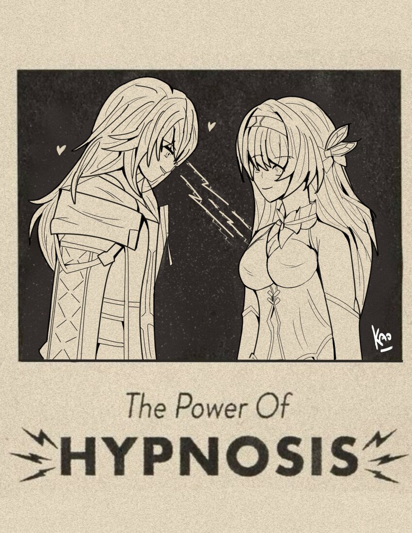 2girls absurdres artist_name breasts closed_mouth commentary cowboy_shot english_commentary english_text firefly_(honkai:_star_rail) hair_between_eyes hair_intakes hairband heart highres honkai:_star_rail honkai_(series) jacket kaosi1 limited_palette long_hair long_sleeves looking_at_another looking_at_breasts looking_down multiple_girls parted_lips shirt smile stelle_(honkai:_star_rail) trailblazer_(honkai:_star_rail)