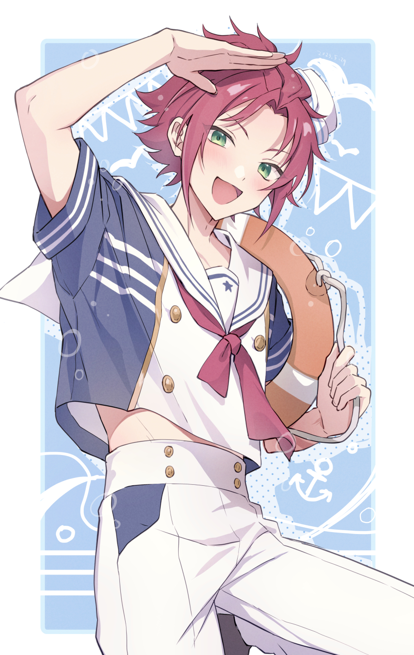 1boy :d absurdres arm_up ensemble_stars! green_eyes hat highres isara_mao lifebuoy looking_at_viewer male_focus midriff_peek mini_hat open_mouth pants red_hair reijiro sailor_collar salute short_hair short_sleeves smile solo swim_ring white_pants white_sailor_collar
