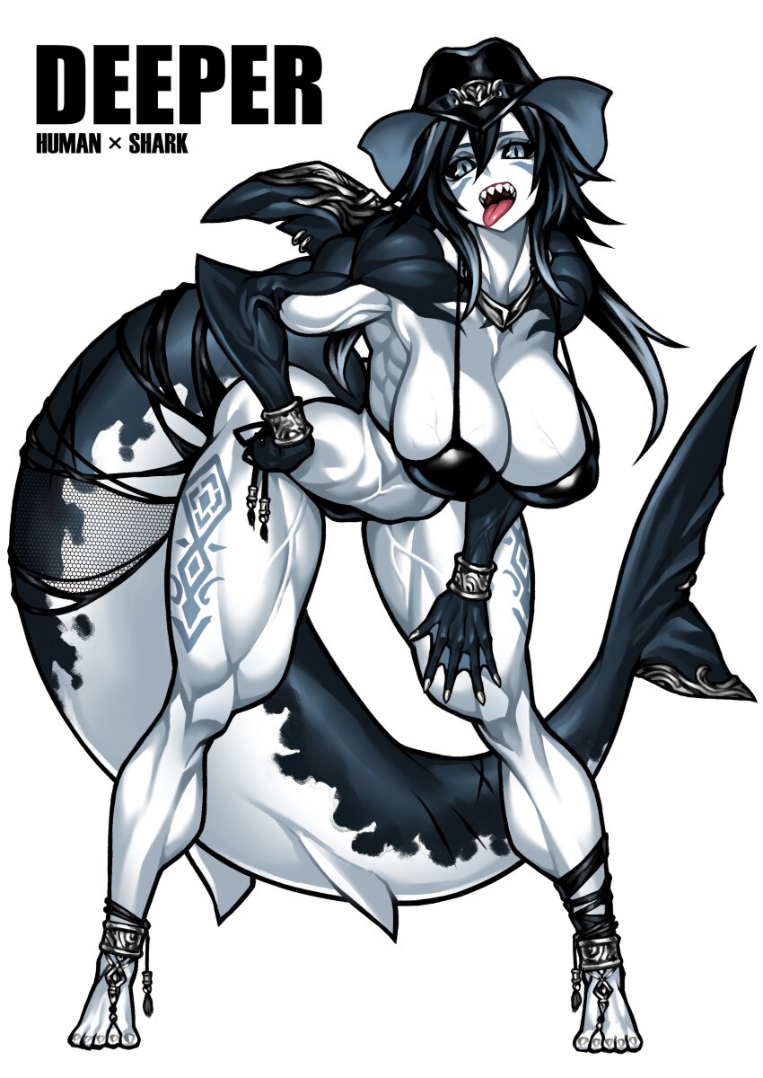 1girl absurdres anklet barefoot bent_over biceps bikini black_bikini black_hair black_sclera black_skin breasts cleavage colored_sclera colored_skin colored_tips commentary_request cowboy_hat deltoids english_text facial_mark fin_piercing fingernails fins fish_girl fish_tail full_body grey_background grey_eyes grey_hair hair_between_eyes hand_on_own_hip hat highres huge_breasts jewelry leg_tattoo long_tail looking_at_viewer multicolored_hair multicolored_skin muscular muscular_female necklace open_mouth original piercing shark_fin shark_girl shark_tail sharp_fingernails sharp_teeth side-tie_bikini_bottom slit_pupils solo spaghetti_strap strap_gap swimsuit tail tail_ornament tattoo teeth thick_thighs thighs toe_ring toes tongue tongue_out triceps two-tone_hair two-tone_skin veins veiny_arms veiny_breasts veiny_thighs webbed_hands white_skin yotaro