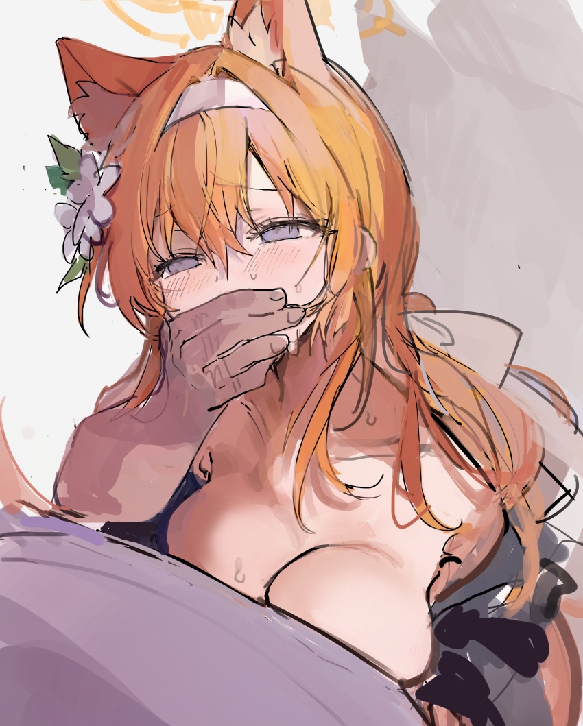 1boy 1girl absurdres animal_ears bad_anatomy blue_archive blush breasts collarbone covering_another&#039;s_mouth flower grey_eyes hair_flower hair_ornament halo highres large_breasts long_hair mari_(blue_archive) mari_(track)_(blue_archive) orange_hair qqkkay simple_background sketch white_background white_flower yellow_halo