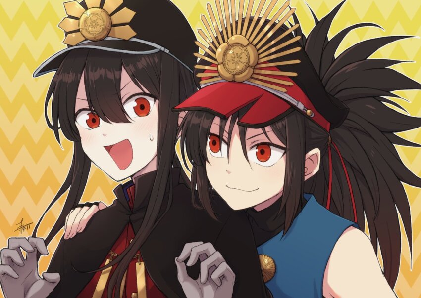 2boys :3 :d black_cloak black_hat borrowed_clothes brothers brown_hair center-flap_bangs cloak crest family_crest fate/grand_order fate_(series) gloves gradient_background grey_gloves hair_between_eyes hand_on_another&#039;s_shoulder hands_up hat head_on_another&#039;s_shoulder high_collar jacket kepi light_blush long_hair looking_at_another low_ponytail male_focus military_hat military_jacket military_uniform multiple_boys oda_kippoushi_(fate) oda_nobukatsu_(fate) oda_nobunaga_(fate) oda_uri open_mouth patterned_background peaked_cap ponytail raised_eyebrow red_eyes red_jacket siblings sidelocks signature sleeveless smile sweatdrop teramoto_kei torn_clothes torn_hat turtleneck v-shaped_eyebrows wide-eyed yellow_background zig-zag_pattern