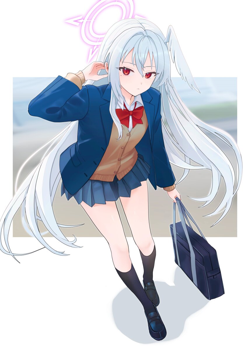 1girl absurdres adjusting_hair alternate_costume bag blazer blue_archive blue_jacket bow bowtie brown_sweater_vest collared_shirt commentary_request from_above full_body hair_between_eyes hair_intakes halo head_wings highres holding holding_bag jacket kneehighs long_hair long_sleeves looking_at_viewer mary_janes miniskirt pleated_skirt purple_halo red_bow red_bowtie red_eyes school_bag school_uniform shirt shoes single_head_wing skirt socks solo suzumi_(blue_archive) sweater_vest very_long_hair wakamomo1000 white_hair wings