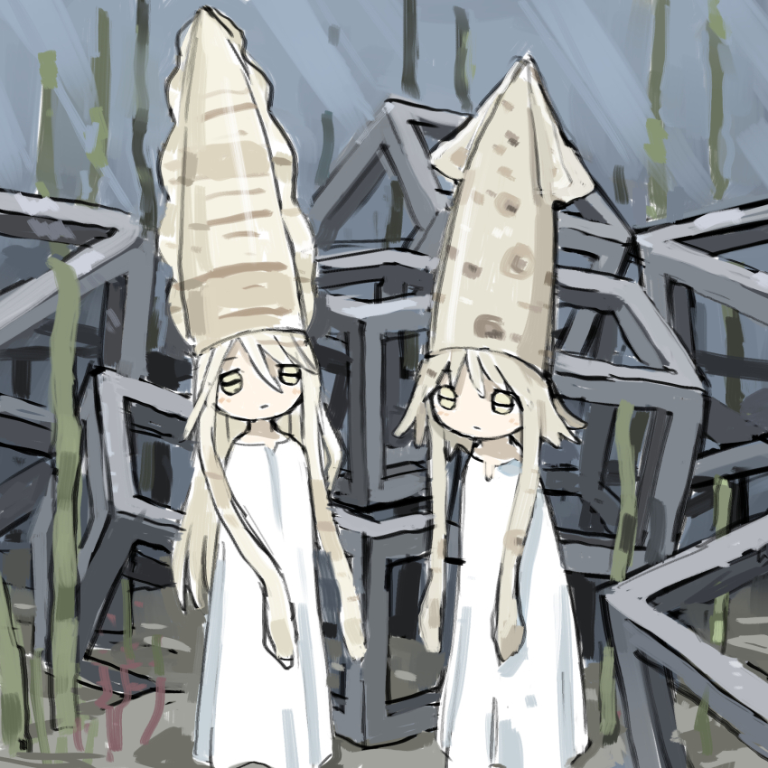 2girls blonde_hair brown_eyes closed_mouth expressionless hair_between_eyes hat highres horizontal_pupils long_hair looking_at_viewer multiple_girls no_hands original short_hair squid_hat tsukumizu_yuu tunic underwater white_tunic