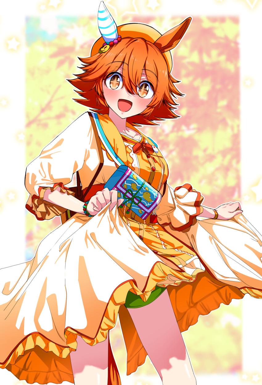 +_+ 1girl absurdres animal_ears blush border bracelet breasts clothes_lift commentary_request dress dress_lift ear_covers feet_out_of_frame flipped_hair frilled_dress frills green_shorts hair_between_eyes highres horse_ears horse_girl horse_tail jewelry lifting_own_clothes looking_at_viewer matikanefukukitaru_(good_omen_first_storm)_(umamusume) matikanefukukitaru_(umamusume) medium_breasts nerukichikatafukuma official_alternate_costume open_mouth orange_hair orange_headwear partial_commentary petticoat puffy_sleeves shorts single_ear_cover smile solo tail umamusume white_border