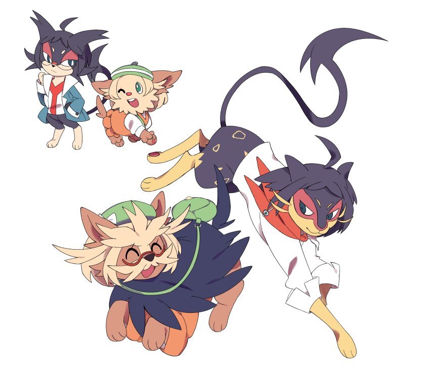 absurdres bag bianca_(pokemon) bianca_(pokemon)_(cosplay) black_eyes black_fur blue_jacket bright_pupils brown_fur cheren_(pokemon) cheren_(pokemon)_(cosplay) closed_eyes clothed_pokemon cosplay gen_5_pokemon glasses green_bag green_eyes green_hat hat highres jacket liepard lillipup looking_at_another multiple_views nintendo one_eye_closed open_clothes open_jacket open_mouth pokemon pokemon_(creature) pokemon_bw purrloin red-framed_eyewear running satchel semi-rimless_eyewear shirt simple_background slit_pupils stoutland teeth two-tone_fur vousser whiskers white_background white_pupils white_shirt yellow_fur