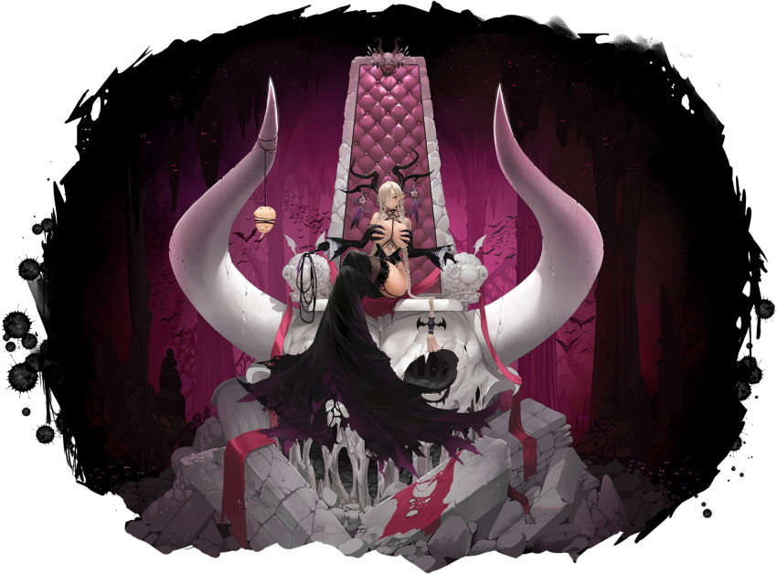 1girl absurdres azur_lane between_breasts black_horns black_leotard blush braid breasts brown_hair claw_bra cleavage demon_girl demon_horns detached_sleeves dishwasher1910 highres horns huge_breasts leotard long_hair looking_at_viewer low_twin_braids mole mole_under_mouth non-web_source official_alternate_costume official_alternate_horns official_art owari_(azur_lane) owari_(my_wish_is_for_love)_(azur_lane) pointy_ears revealing_clothes sitting smile solo strap_between_breasts twin_braids very_long_hair yellow_eyes