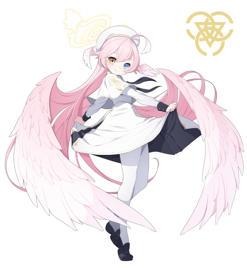 1girl absurdres beret black_shoes blue_archive blue_eyes brown_eyes capelet closed_mouth commentary_request cosplay cosplay_request dress feathered_wings full_body hair_wings halo hat head_wings heterochromia highres hoshino_(blue_archive) koflif loafers long_hair pantyhose pink_hair pink_wings shoes simple_background skirt_hold smile solo standing standing_on_one_leg very_long_hair white_background white_capelet white_dress white_hat white_pantyhose wings