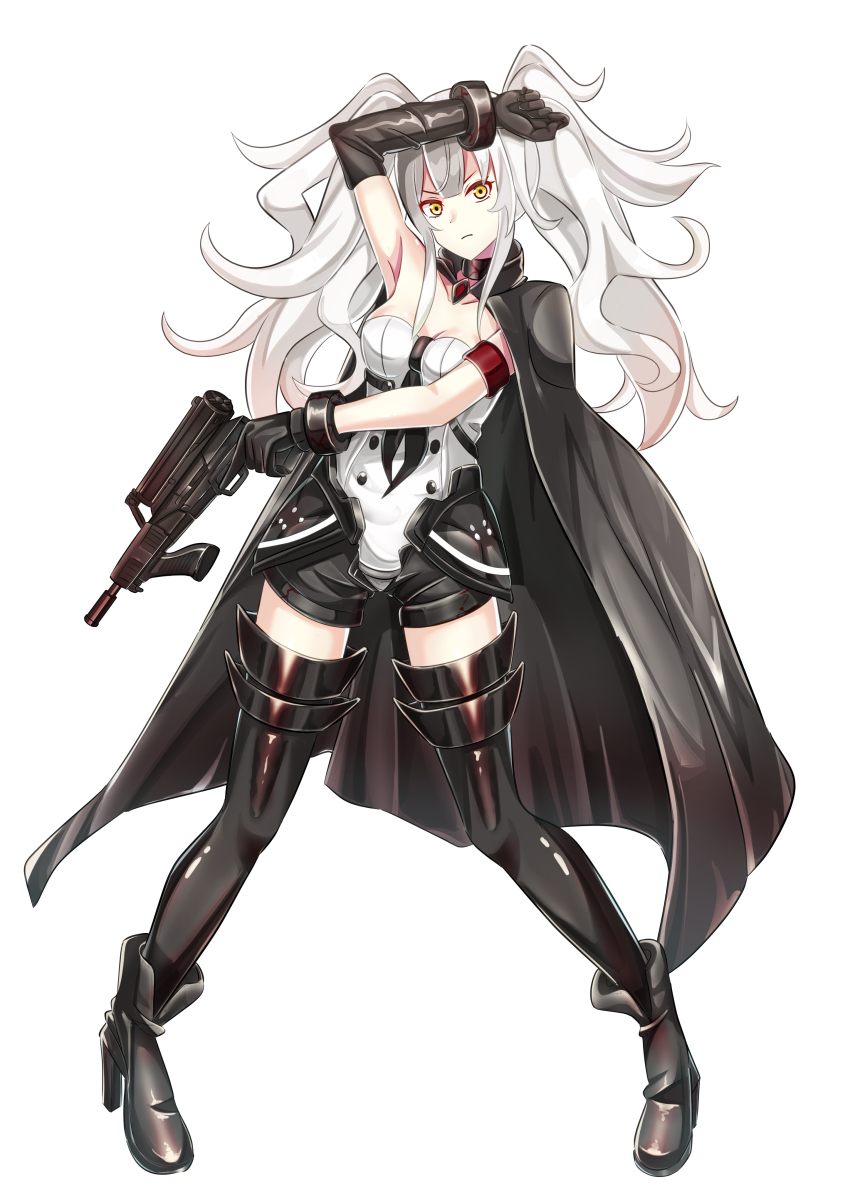 1girl absurdres armband asymmetrical_gloves black_boots black_cape black_legwear black_shorts boots breasts calico_light_weapons_systems calico_m950 calico_m950a cape cheek_pistol double-stack_magazine elbow_gloves girls&#039;_frontline gloves gun handgun helical_magazine high-capacity_magazine high_heel_boots high_heels highres holding holding_gun holding_weapon leotard long_hair m950a_(girls&#039;_frontline) machine_pistol medium_breasts messy_hair mutugorou_u pistol sangvis_ferri short_shorts shorts simple_background single_elbow_glove solo stubby_grip thighs two_side_up vertical_forward_grip weapon white_background white_hair white_leotard yellow_eyes