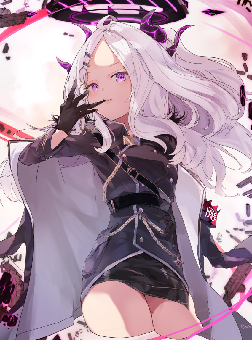 1girl absurdres armband artist_name biting black_gloves black_skirt blue_archive blue_jacket buttons cowboy_shot demon_horns diamond-shaped_pupils diamond_(shape) double-breasted forehead biting_glove gloves grey_hair hair_ornament hairclip halo highres hina_(blue_archive) horns jacket jacket_on_shoulders looking_at_viewer miniskirt parted_bangs purple_eyes red_armband ryo_(ryo_skrdi) signature skirt solo symbol-shaped_pupils thighs