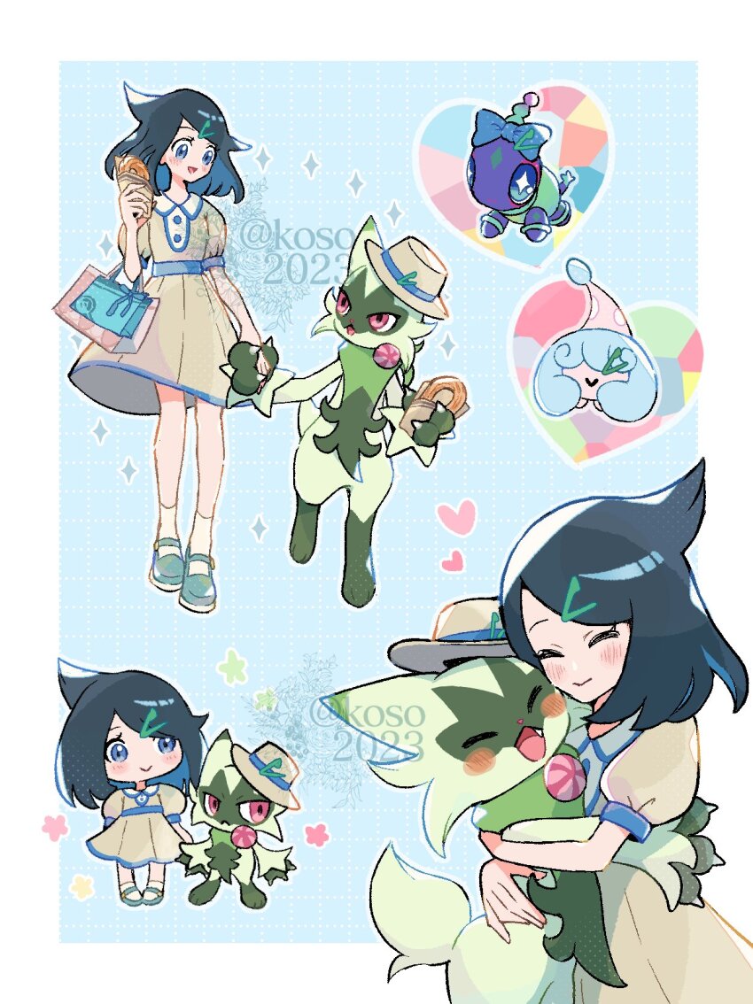 1girl bag black_hair blue_eyes blue_hair blush brown_hat chibi chibi_inset closed_eyes closed_mouth colored_inner_hair commentary_request dress floragato food gen_8_pokemon hair_ornament hairclip hat hatenna heart highres holding holding_bag holding_food holding_hands hug koso2023 liko_(pokemon) multicolored_hair multiple_views nintendo official_alternate_costume open_mouth pokemon pokemon_(anime) pokemon_(creature) pokemon_horizons puffy_short_sleeves puffy_sleeves shopping_bag short_hair short_sleeves smile terapagos terapagos_(normal) twitter_username yellow_dress