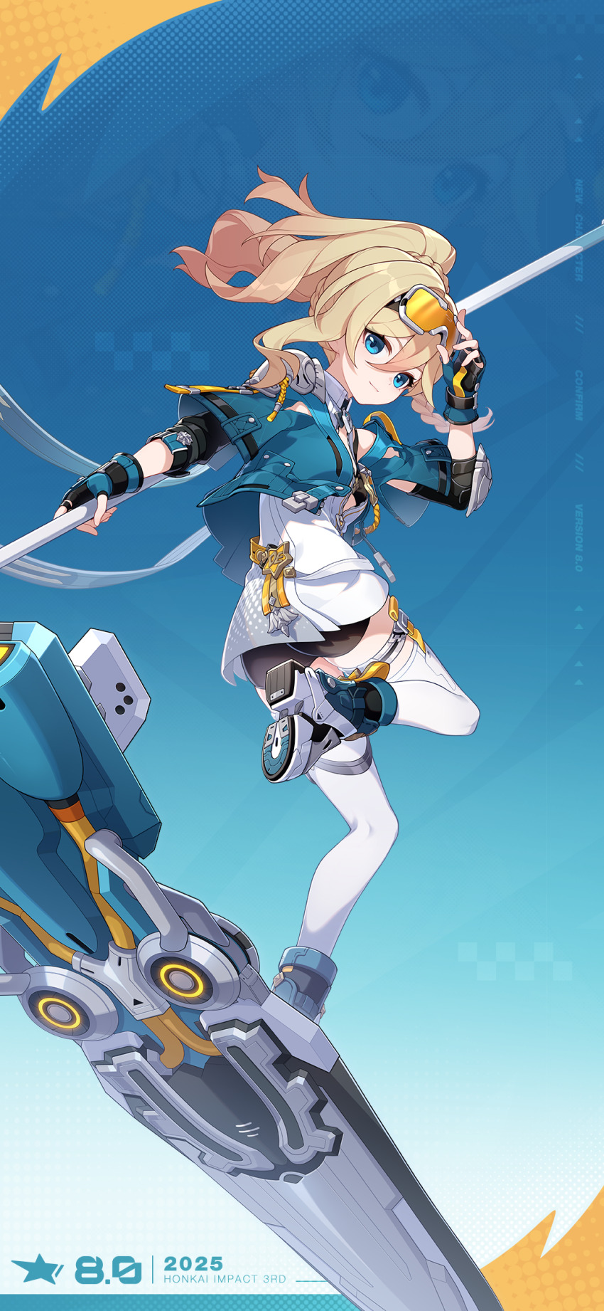1girl 2025 adjusting_eyewear aged_down aqua_gloves aqua_jacket blonde_hair blue_eyes braid breasts closed_mouth copyright_name durandal_(reign_solaris)_(honkai_impact) fingerless_gloves gloves goggles goggles_on_head hair_between_eyes highres holding honkai_(series) honkai_impact_3rd jacket leg_up long_hair long_sleeves looking_at_viewer official_art orange-tinted_eyewear ponytail shorts skateboard skating small_breasts solo thighhighs tinted_eyewear white_thighhighs yellow-tinted_eyewear zoom_layer