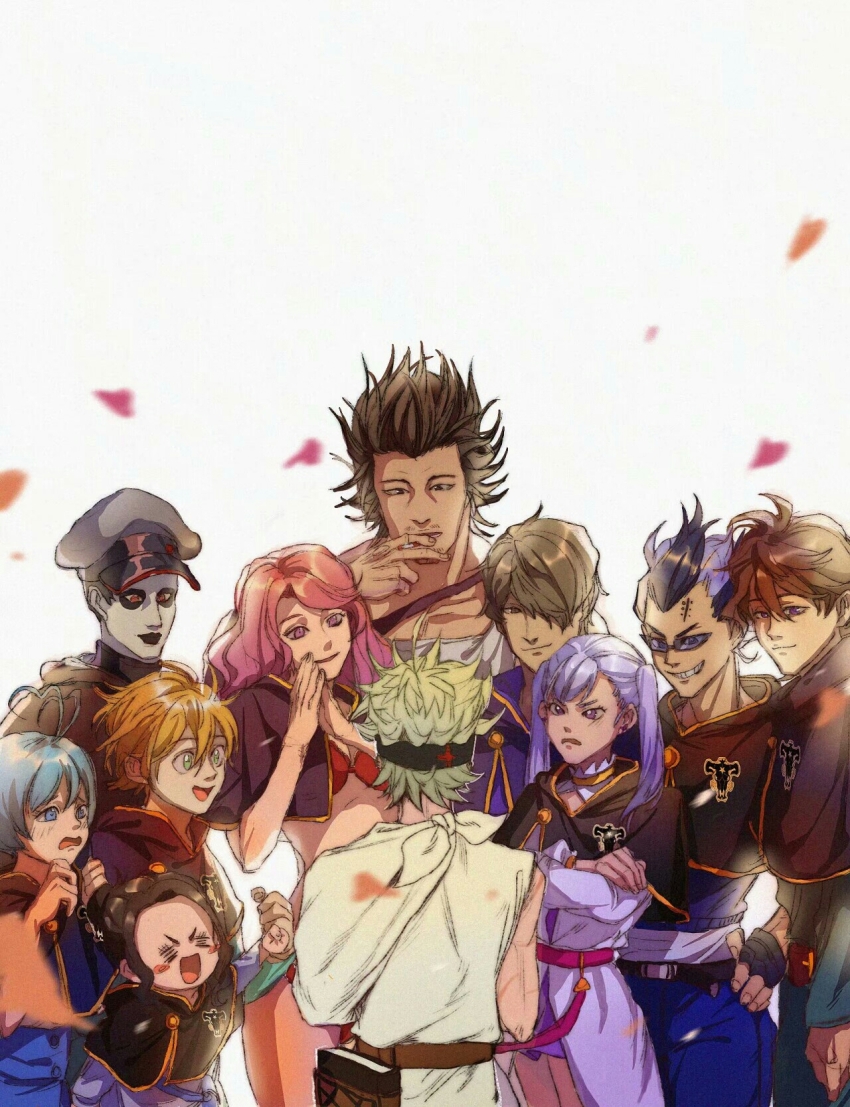 4girls 6+boys antenna_hair asta_(black_clover) from_behind black_bulls_(emblem) black_capelet black_clover black_eyes black_hair black_headband blonde_hair blue_eyes blue_hair blush bra brown_hair caosishao capelet charmy_pappitson cigarette closed_eyes crossed_arms dress everyone facial_hair finral_roulacase gauche_adlai gordon_agrippa green_eyes grey_(black_clover) grey_hair grey_headwear hair_bun hair_over_eyes headband highres holding holding_cigarette jacket long_bangs looking_at_another luck_voltia magna_swing multicolored_hair multiple_boys multiple_girls noelle_silva open_mouth pink_hair purple_dress purple_eyes purple_hair red_bra single_hair_bun smile spiked_hair stubble tank_top twintails underwear vanessa_enoteca white_background white_jacket white_tank_top yami_sukehiro