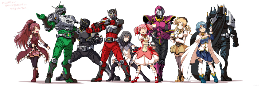 10s 5boys 5girls akemi_homura akemi_homura_(magical_girl) beret black_hair blonde_hair blood blue_eyes blue_hair cape card crossover hat height_difference highres holding holding_card kamen_rider kamen_rider_knight kamen_rider_raia kamen_rider_ryuga kamen_rider_ryuki kamen_rider_ryuki_(series) kamen_rider_zolda kaname_madoka kaname_madoka_(magical_girl) kaneko_tsukasa long_hair long_image magical_girl mahou_shoujo_madoka_magica mahou_shoujo_madoka_magica_(anime) miki_sayaka miki_sayaka_(magical_girl) multiple_boys multiple_girls nosebleed pink_eyes pink_hair ponytail puffy_sleeves purple_eyes red_eyes red_hair sakura_kyoko sakura_kyoko_(magical_girl) shoes tomoe_mami tomoe_mami_(magical_girl) wide_image