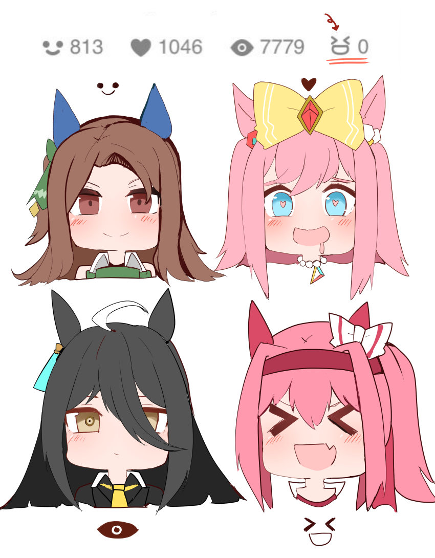 &gt;_&lt; 4girls :d absurdres agnes_digital_(umamusume) ahoge animal_ears arrow_(symbol) black_hair black_shirt blue_eyes blush bow brown_eyes chibi closed_mouth collared_shirt commentary_request ear_bow fang green_bow hair_between_eyes hair_bow hair_over_one_eye haru_urara_(umamusume) heart heart-shaped_pupils highres horse_ears king_halo_(umamusume) manhattan_cafe_(umamusume) multiple_girls necktie one_side_up open_mouth pink_hair portrait shi_(kamokamo910) shirt simple_background smile symbol-shaped_pupils umamusume white_background white_bow xd yellow_bow yellow_necktie