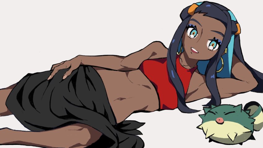 1girl bare_shoulders bikini black_hair blue_eyes breasts closed_eyes dark-skinned_female dark_skin earrings fish gen_2_pokemon gratin_gratin highres jewelry long_hair lying nessa_(pokemon) nintendo pokemon pokemon:_twilight_wings pokemon_swsh qwilfish skirt sleeveless small_breasts swimsuit