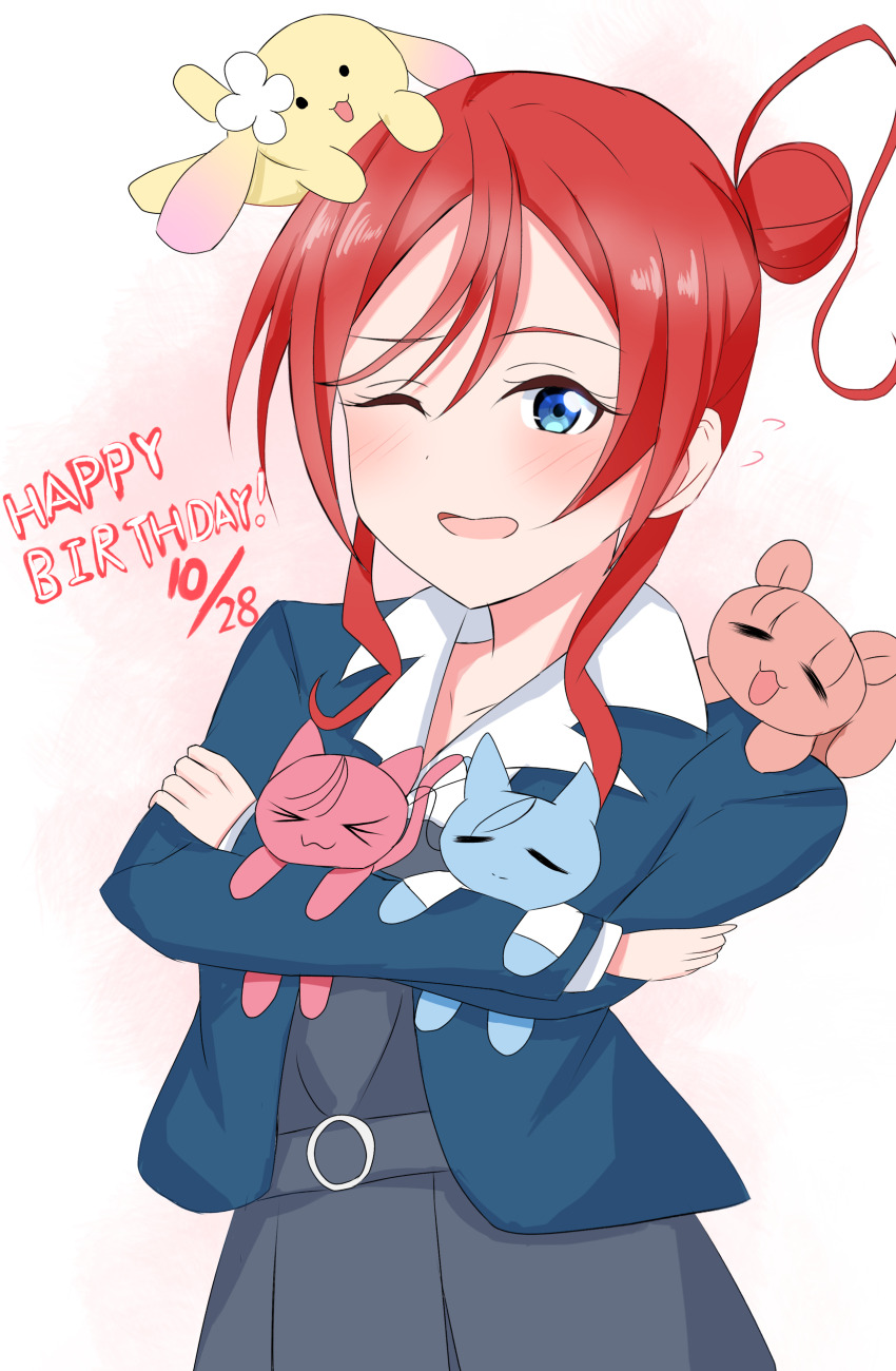 1girl :3 :d ;d absurdres animal animal_on_head animal_on_shoulder animalization blue_eyes blue_jacket blush cat closed_mouth collared_shirt commentary_request dated dolce_(love_live!) dress dress_shirt dual_persona flying_sweatdrops gradient_background grey_dress hair_bun happy_birthday highres jacket long_sleeves lop_rabbit love_live! love_live!_superstar!! matcha_moti_(matcha_427) on_head one_eye_closed onitsuka_natsumi open_clothes open_jacket open_mouth pink_background pleated_dress rabbit red_hair sakurakoji_kinako school_uniform shirt short_hair_with_long_locks single_side_bun smile solid_circle_eyes split_mouth squirrel upper_body wakana_shiki white_background white_shirt winter_uniform yoneme_mei yuigaoka_school_uniform