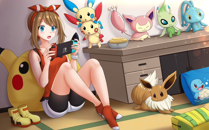 1girl ankle_socks bag bare_arms bare_shoulders bike_shorts bike_shorts_under_shorts black_shorts blue_eyes blush boots bowl brown_hair celebi chips_(food) commentary commission crossed_ankles desk eevee food gen_1_pokemon gen_2_pokemon gen_3_pokemon gen_4_pokemon hairband hands_up highres holding indoors kazenokaze knees_up legendary_pokemon manaphy may_(pokemon) minun mythical_pokemon nintendo nintendo_switch on_floor open_mouth pikachu pillow plusle pokemon pokemon_(creature) pokemon_oras potato_chips red_hairband red_legwear red_tank_top short_shorts shorts shorts_under_shorts sidelocks sitting skitty socks squirtle sweat tank_top unworn_boots white_shorts yellow_boots