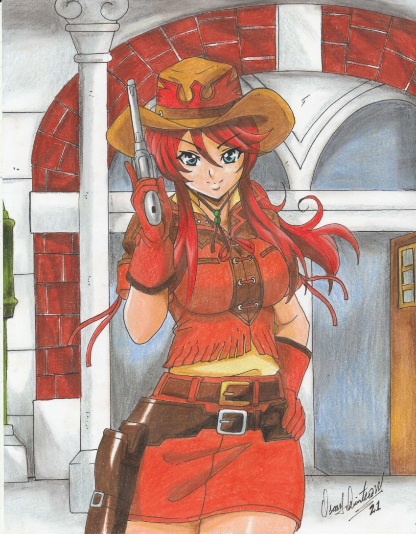 1girl 2021 blue_eyes breasts brick_wall commission cowboy_clothes cowboy_hat gemini_sunrise gloves gun hand_on_own_hip hat highres holding holding_gun holding_weapon large_breasts long_hair ravernclouk_design red_hair sakura_taisen sakura_taisen_v skirt smile solo weapon