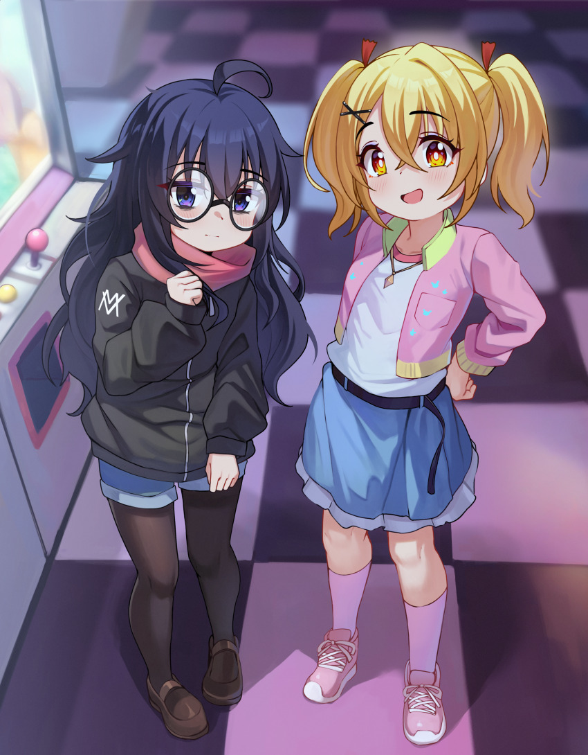 2girls absurdres ahoge arcade arcade_cabinet belt black_belt black_hair black_jacket black_pantyhose blonde_hair blue_skirt blush brown_shoes checkered_floor clenched_hand commentary cross-laced_shoes double-parted_bangs english_commentary glasses hair_between_eyes hair_ornament hair_ribbon hairclip hand_on_own_hip hand_up highres indoors jacket jewelry larissa_(luxuriou_s) long_hair long_sleeves looking_at_viewer luxuriou_s multiple_girls necklace open_clothes open_jacket open_mouth original pantyhose pendant penny_loafers pink_jacket pink_shoes pink_socks purple_eyes red_ribbon red_scarf ribbon round_eyewear scarf shella_(luxuriou_s) shirt shoes short_hair skirt smile socks twintails wavy_hair white_shirt x_hair_ornament yellow_eyes