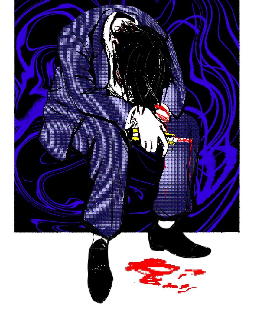 1boy black_hair bleeding blood boxcutter commentary_request cuts gakuran head_down highres holding holding_boxcutter injury invisible_chair male_focus randal&#039;s_friends school_uniform self-harm short_hair sitting solo tsukada_satoru uri_ka55