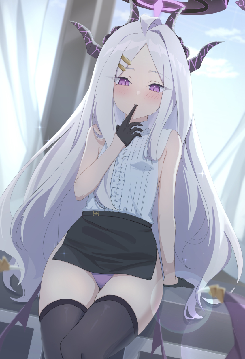1girl absurdres ahoge arm_support black_gloves black_skirt black_thighhighs blue_archive blue_sky blurry cloud cloudy_sky collared_shirt commentary curtains demon_girl demon_horns demon_wings depth_of_field desk english_commentary finger_to_mouth forehead gloves hair_ornament hairclip halo highres hina_(blue_archive) horns indoors loli long_hair looking_at_viewer mouth_hold official_alternate_costume official_alternate_hairstyle on_desk panties pantyshot parted_bangs parted_lips pencil_skirt ponono_desu purple_eyes purple_panties shirt side_slit sidelocks sitting skirt sky sleeveless sleeveless_shirt solo thighhighs underwear wavy_hair white_hair white_shirt wings zettai_ryouiki