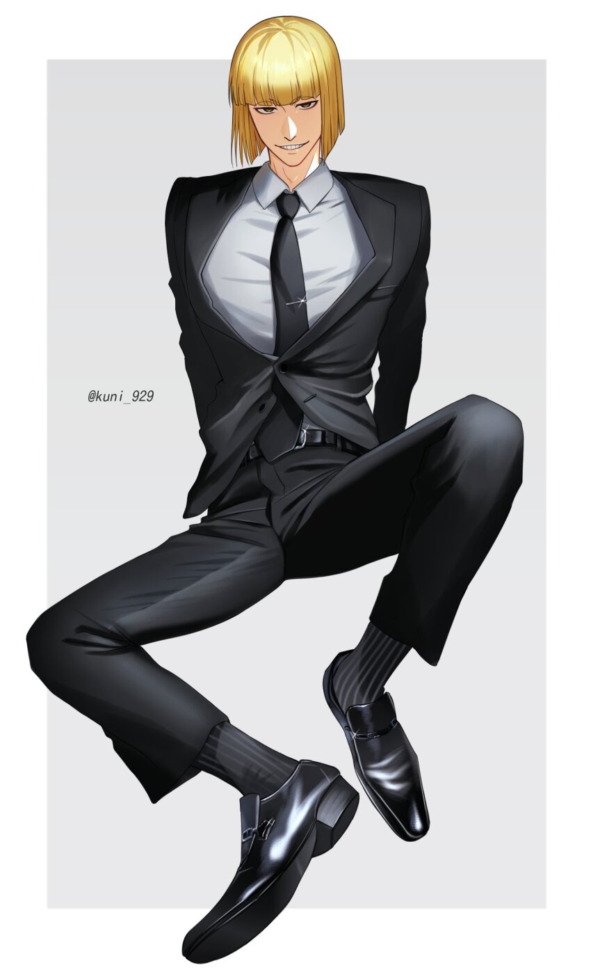 1boy absurdres alternate_costume black_necktie black_pants black_shoes black_socks black_suit bleach blonde_hair blunt_bangs blunt_ends bob_cut brown_eyes collared_shirt commentary_request foreshortening formal_clothes full_body glint grey_background grin highres hirako_shinji knees_apart_feet_together kuni_929 looking_at_viewer male_focus necktie pants photo-referenced shirt shoes short_eyebrows short_hair simple_background sitting smile socks solo spread_legs suit tsurime twitter_username v-shaped_eyebrows white_shirt