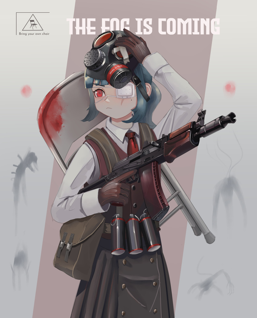 1girl absurdres aks-74u assault_rifle bandages blue_hair brown_dress brown_gloves dress english_text eyepatch gas_mask gloves gun highres kalashnikov_rifle klottinen looking_to_the_side mask medical_eyepatch meme necktie original red_eyes red_necktie rifle serious shirt solo the_fog_is_coming_(meme) trigger_discipline weapon white_shirt