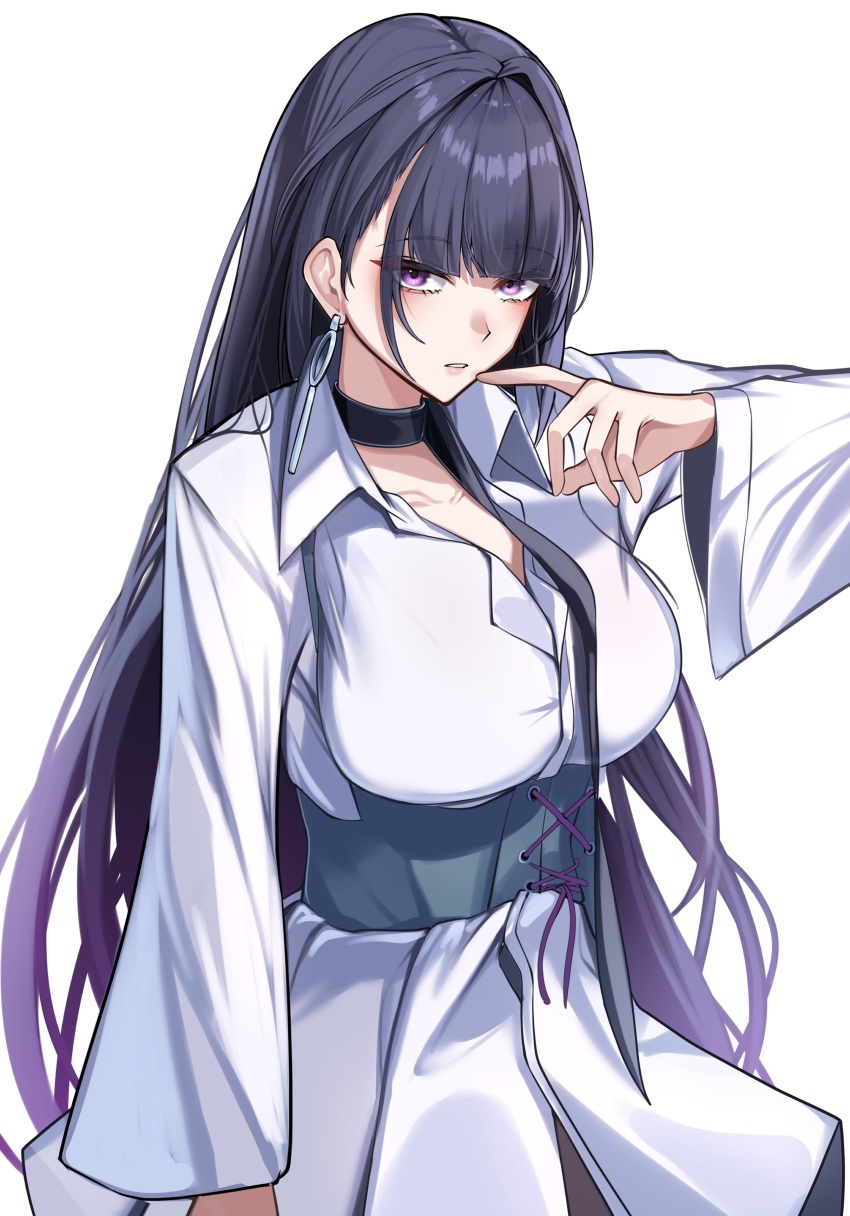 1girl absurdres alternate_costume black_choker breasts choker collarbone collared_dress commentary_request dress earrings hand_up highres honkai_(series) honkai_impact_3rd jewelry kamishiro_noa large_breasts long_hair long_sleeves parted_lips purple_eyes purple_hair raiden_mei raiden_mei_(apho) shirt simple_background solo very_long_hair white_background white_dress