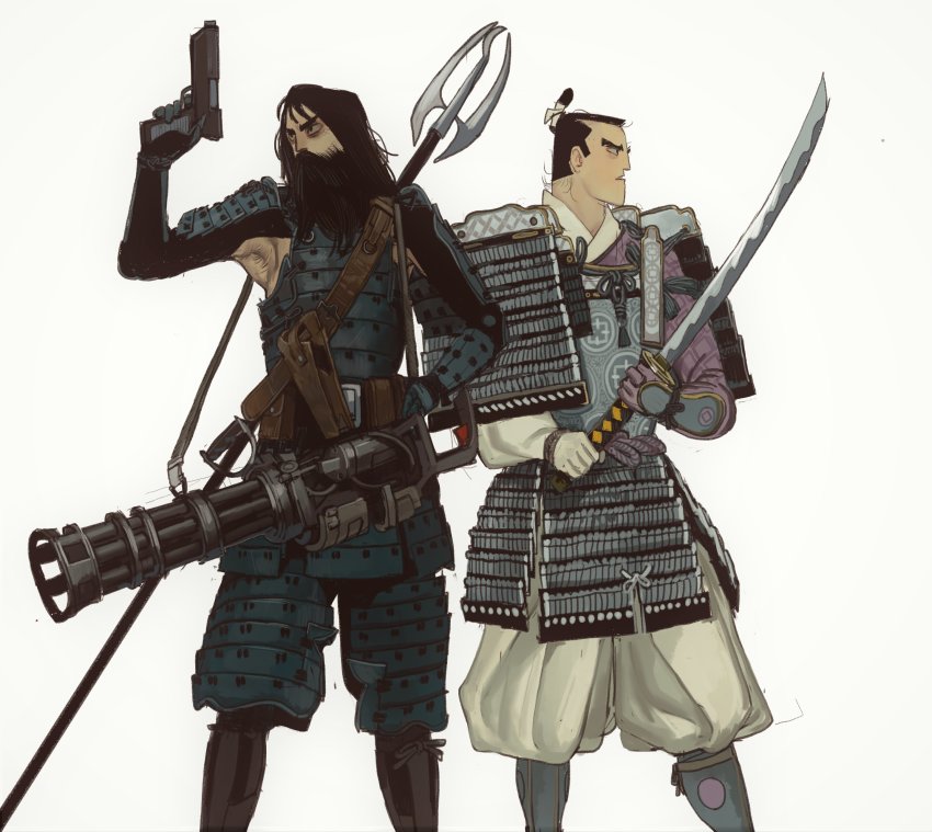 1boy absurdres age_progression armor armpit_hair armpits beard black_eyes black_hair covered_mouth facial_hair gatling_gun gun handgun highres holding holding_gun holding_sword holding_weapon katana long_hair machine_gun male_focus medium_machine_gun minigun mossacannibalis multiple-barrel_gun mustache pistol polearm rotary_machine_gun samurai samurai_jack samurai_jack_(character) sword trident weapon weapon_on_back