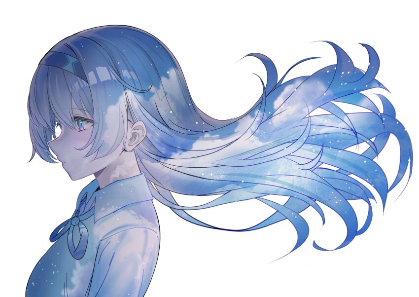 1girl absurdres black_hairband collared_shirt devl_ga_aru firefly_(honkai:_star_rail) from_side gradient_eyes gradient_hair green_pupils grey_hair hair_between_eyes hair_intakes hairband highres honkai:_star_rail honkai_(series) long_hair multicolored_eyes multicolored_hair neck_ribbon ribbon shirt simple_background solo two-tone_eyes upper_body white_background white_shirt