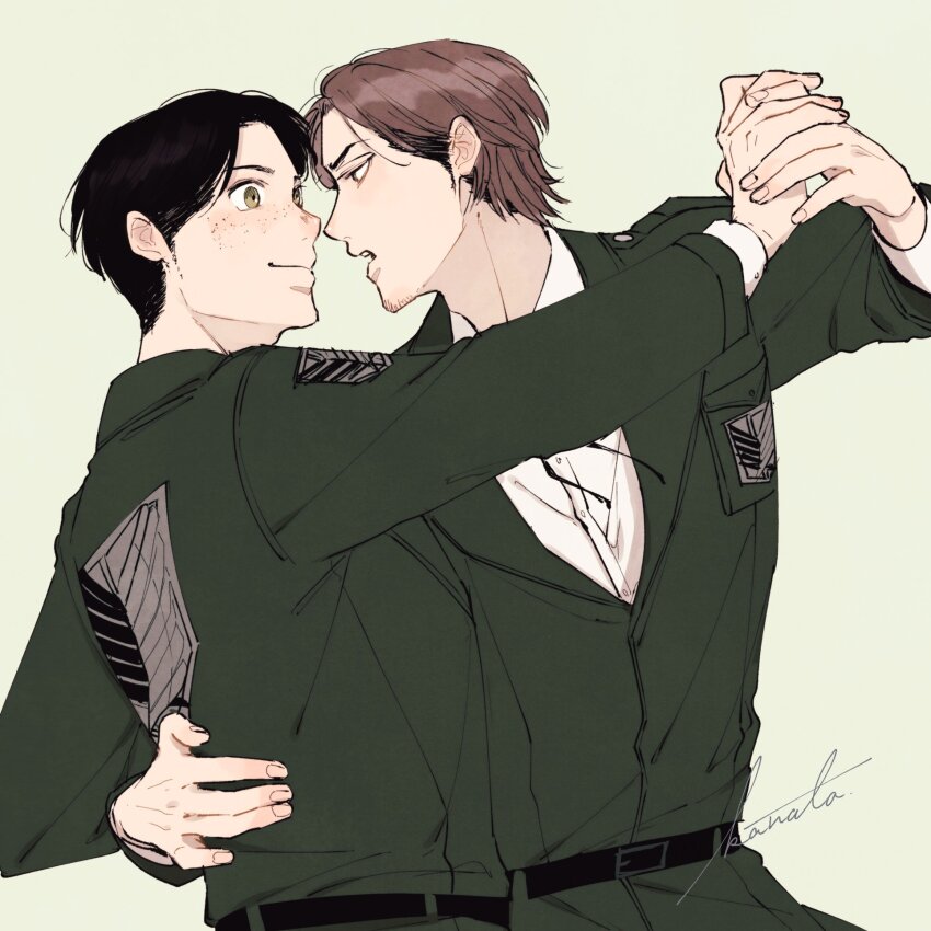 2boys belt black_belt black_hair brown_hair commentary_request dancing facial_hair fingernails freckles goatee_stubble hand_on_another&#039;s_back highres holding_hands jean_kirstein kanataaot long_sleeves male_focus marco_bott multiple_boys shingeki_no_kyojin short_hair signature stubble survey_corps_(emblem) waltz_(dance) yaoi yellow_eyes