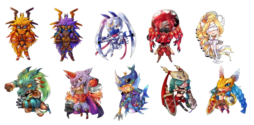 apollomon apollomon_whispered dianamon digimon feathers highres horn lion marsmon mask mercurymon mervamon minervamon neptunemon olympos_xii rabbit sword venusmon vulcanusmon weapon