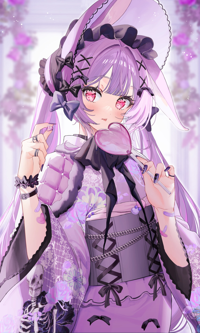 00nanona 1girl absurdres animal_ears bandaid bandaid_on_arm black_bow blurry blurry_background blush bonnet bow candy cape food hair_ornament hairclip heart heart-shaped_food heart-shaped_lollipop highres holding holding_candy holding_food holding_lollipop japanese_clothes jewelry kimono lace-trimmed_sash lollipop long_sleeves looking_at_viewer multiple_rings obi original outdoors pink_cape pink_hair pink_kimono print_kimono purple_bow rabbit_ears red_eyes ring sash scrunchie shaped_lollipop solo twintails wide_sleeves wrist_scrunchie x_hair_ornament