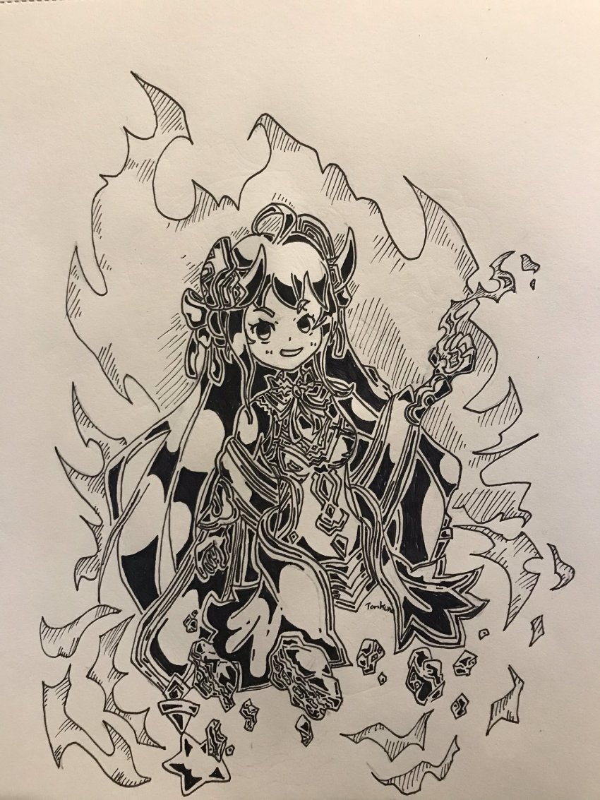 ahoge alternate_costume artist_name aura bare_shoulders choker corrupted corruption cygames dark_persona dragalia_lost dress evil_grin evil_smile fire grin hair_ribbon highres inktober long_hair looking_at_viewer monochrome morsayati nintendo official_alternate_costume possessed possession ribbon sketch smile star_(symbol) torikuno white_background zethia