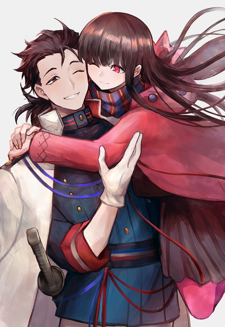 1boy 1girl black_hair black_skirt blue_shirt blush commentary couple dress fate/grand_order fate_(series) feet_out_of_frame gloves highres honi_(ohohoni) hood hooded_jacket hug jacket jacket_on_shoulders katana long_hair long_sleeves looking_at_another official_alternate_costume one_eye_closed oryou_(fate) oryou_(lancer)_(fate) pink_eyes pink_jacket pink_legwear ponytail sakamoto_ryouma_(fate) sakamoto_ryouma_(lancer)_(fate) scarf shirt simple_background skirt smile sword teeth very_long_hair weapon white_background white_gloves white_jacket