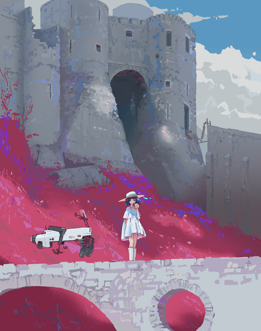 1girl absurdres airfish_(lefko_d) alternate_colored_grass blue_eyeshadow blue_sky boots bridge castle cloud commentary_request dress drinking drinking_straw eyeshadow full_body hat hat_ribbon highres hover_bike juice_box knee_boots makeup original outdoors pleated_dress ribbon sky solo standing sun_hat vegetation white_boots white_dress white_hat wide_shot