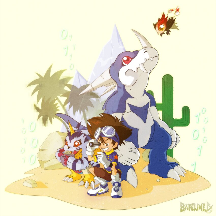 digimon digimon_(creature) gabumon highres horns mountain pinamon sharp_teeth smile star_(symbol) teeth v-dramon yagami_taichi_(digimon_adventure_v-tamer_01)