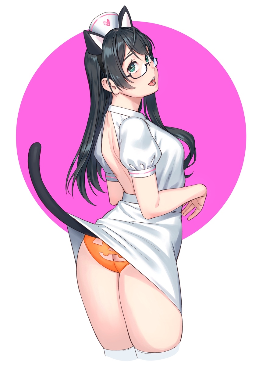 1girl alternate_costume animal_ears ass ass_cutout backless_dress backless_outfit black_hair blue_eyes breasts butt_crack cat_ears cat_tail clothing_cutout cowboy_shot dress from_behind glasses halloween_costume hat highres jack-o&#039;-lantern_cutout kantai_collection looking_at_viewer looking_back nurse nurse_cap ooyodo_(kancolle) orange_panties panties short_dress small_breasts solo tail thighhighs underwear white_dress white_hat white_thighhighs yuuji_(and)