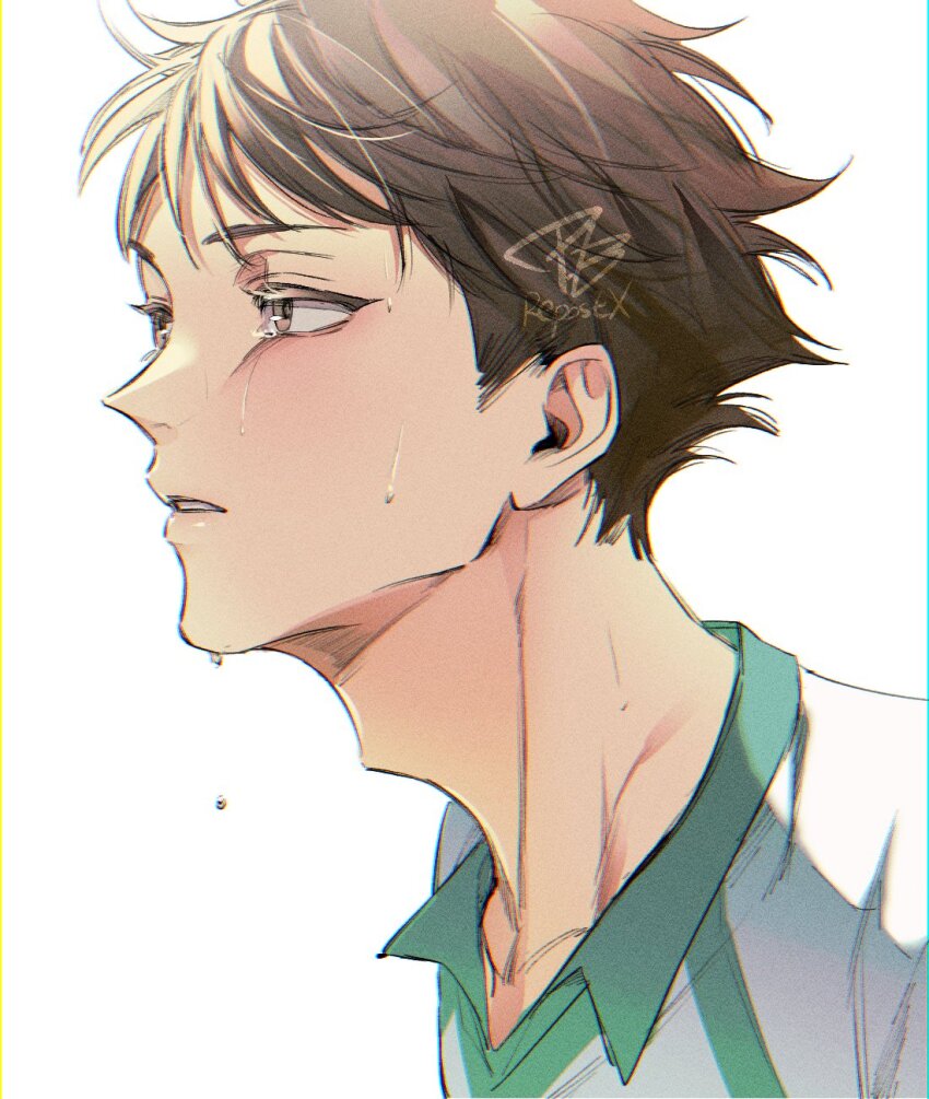 1boy adam&#039;s_apple aoba_johsai_volleyball_uniform bishounen brown_eyes brown_hair from_side haikyuu!! highres m_m_pb male_focus oikawa_tooru_(haikyuu!!) simple_background solo sportswear tears volleyball_uniform white_background