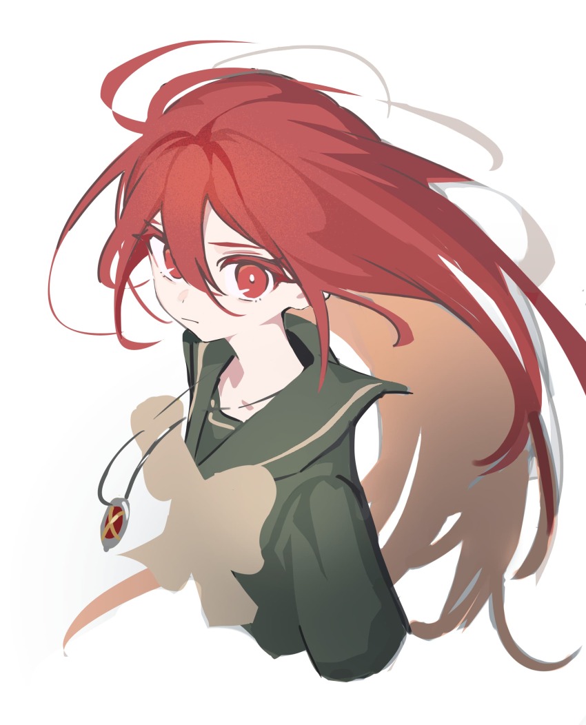1girl absurdres alastor_(shakugan_no_shana) bow bowtie brown_bow brown_bowtie collarbone commentary_request cropped_torso double-parted_bangs from_side green_sailor_collar green_skirt hair_between_eyes highres long_hair looking_at_viewer red_eyes red_hair sailor_collar shakugan_no_shana shana shiba42505719 sidelocks simple_background skirt solo upper_body white_background