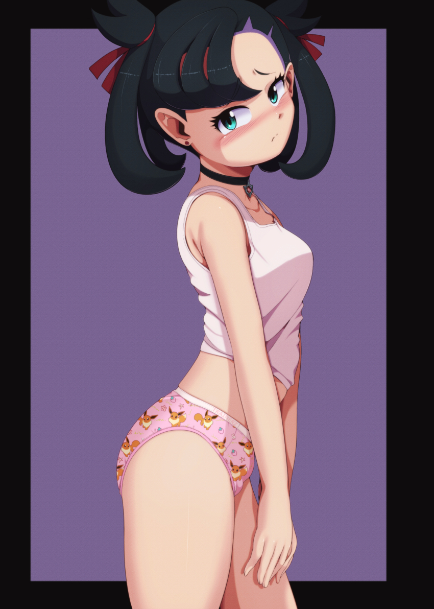 1girl aqua_eyes armpit_crease arms_at_sides asymmetrical_bangs black_choker black_hair blush breasts camisole choker collarbone earrings eevee embarrassed euf-dreamer eyelashes female_focus fingernails from_side gen_1_pokemon hair_ornament highres jewelry knees legs loli long_hair looking_at_viewer marnie_(pokemon) midriff mismatched_underwear navel neck nintendo panties pendant_choker pink_panties pokemon pokemon_swsh print_panties purple_background simple_background small_breasts standing stud_earrings thighs turning_head twintails undercut underwear underwear_only white_camisole